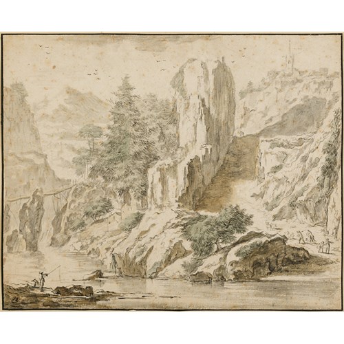 A Mountainous River Landscape with Fishermen